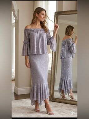 NWT Sara Mique Sequin Set Ruffled Sleeves Hem Sz S Wedding Guest Evening Gowns
